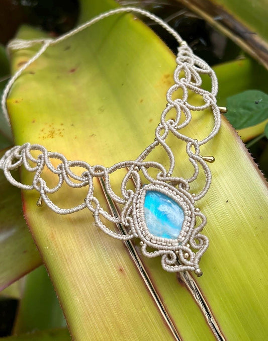 Sky Stone Necklace | Blue Plume Agate Macramé Necklace | Nature Inspired Jewellery | Handmade Crystal Choker